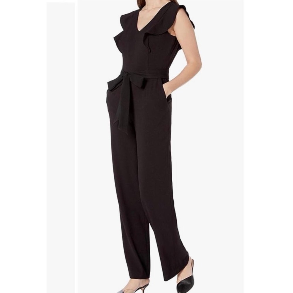Nine West Womens Black Ruffle V-Neck Wide Leg Beltedβ Jumpsuit Size 8 Pocketed